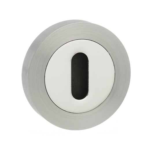 Atlantic Handles Round Rose Key Escutcheon in a Satin Nickel & Polished Chrome Finish