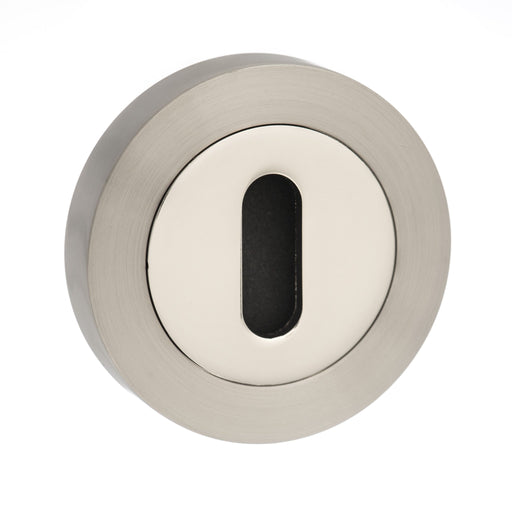 Atlantic Handles Round Rose Key Eschutcheon in a Satin Nickel & Polished Nickel Finish