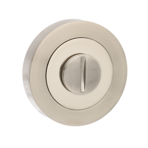 Atlantic Handles Round Rose WC Turn and Release in a Satin Nickel & Polished Nickel Finish